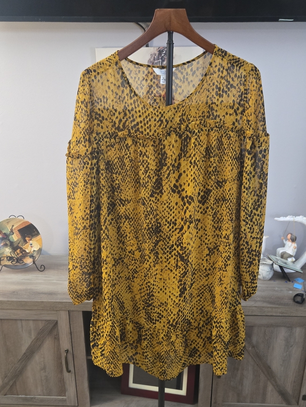Time and Tru Yellow and Black Snake-Print Long Sleeve Dress